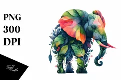 Vibrant Elephant with Plant Leaves PNG Product Image 3