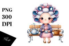 Watercolor Sitting on Bench, Holding Tea Cup | Clipart Product Image 1
