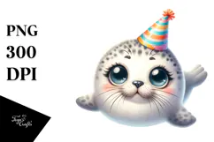 Cute Baby Seal with Party Hat PNG Product Image 1