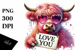 Pink Highland Cow with Heart Shaped Sunglasses, Transparent Product Image 1