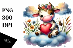 Cow on Cloud Holding Heart PNG Product Image 1