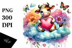 Cow on Cloud Holding Heart PNG Product Image 1