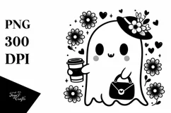 Cute Ghost Holding Coffee with Flowers PNG Product Image 1