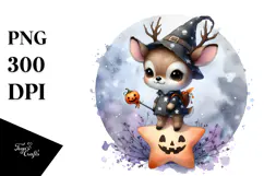 Washed Watercolor Deer on Halloween Star, PNG Product Image 1