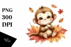 Cute Baby Monkey Autumn Leaves Clipart Product Image 1