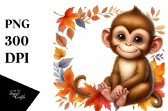 Cute Baby Monkey Autumn Leaves Clipart Product Image 1