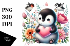 Penguin on Flower Holding Heart PNG Product Image 1