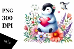 Penguin on Flower Holding Heart PNG Product Image 1