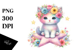 Pastel Watercolor Kitten with Flower Crown PNG Product Image 1