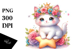 Pastel Watercolor Kitten with Flower Crown PNG Product Image 1