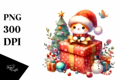 Cute Christmas Gift Box, Watercolor PNG Product Image 1