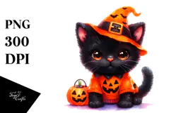 Simple Watercolor Halloween Baby Black Cat with Pumpkin PNG Product Image 1