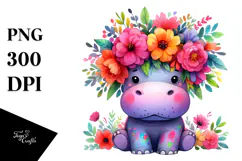 Vibrant Hippo with Flower Crown | Sublimation Clipart Product Image 1