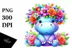 Vibrant Hippo with Flower Crown | Sublimation Clipart Product Image 1