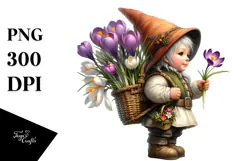 Colorful Small Gnome with Crocus Bouquet PNG Product Image 1