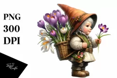 Colorful Small Gnome with Crocus Bouquet PNG Product Image 1