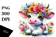 Vibrant Cow with Flower Crown | Sublimation Clipart Product Image 1