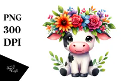 Vibrant Cow with Flower Crown | Sublimation Clipart Product Image 1