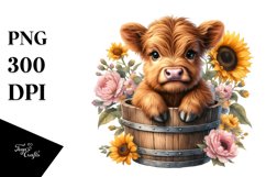 Cute Baby Highland Cow from Wood Bucket, PNG Product Image 3