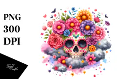 Colorful Skull Flower Painting, PNG Product Image 1