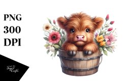 Cute Baby Highland Cow from Wood Bucket, PNG Product Image 1