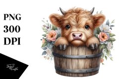 Cute Baby Highland Cow from Wood Bucket, PNG Product Image 1