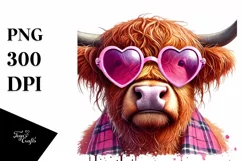 Colorful Pink Highland Cow with Heart Shaped Sunglasses PNG Product Image 1