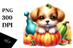 Vibrant Cute Baby Dog with Pumpkin Clipart Product Image 1