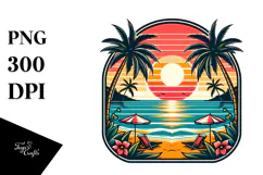 Retro Tropical Beach Sunset Clipart PNG Product Image 1