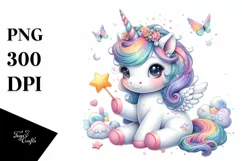 Colorful Baby Unicorn with Magic Wand PNG Product Image 1
