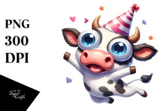 Joyful Cartoon Cow with Party Hat PNG Product Image 1
