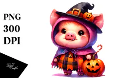 Cute Halloween Pig Watercolor PNG Product Image 1