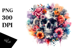 Grungy Skull Made of Flowers, Watercolor PNG Product Image 1