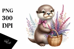 Cute Baby Otter with Flowers Clipart Product Image 1