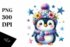 Colorful Baby Penguin Whimsical Star Flowers Clipart Product Image 1