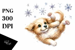 Whimsical Cute Dog Tumbling with Snow Flakes PNG Product Image 1