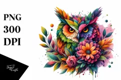 Vibrant Owl with Flowers and Splashes PNG Product Image 1