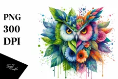 Vibrant Owl with Flowers and Splashes PNG Product Image 1