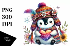 Boho Baby Penguin with Heart, Watercolor PNG Product Image 1