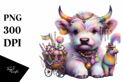 Colorful Baby Highland Cow with Mardi Gras Parade PNG Product Image 1
