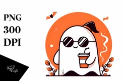 Cartoon Ghost with Sunglasses Holding Coffee, PNG Product Image 1