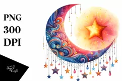 Vibrant Moon with Stars Drawing PNG Product Image 1