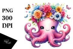 Watercolor Octopus with Vibrant Flower Crown | Clipart Product Image 1