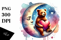 Colorful Watercolor Bear on Moon, PNG Product Image 1