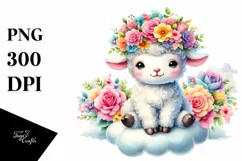 Pastel Watercolor Lamb with Flower Crown PNG Product Image 1