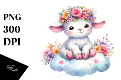 Pastel Watercolor Lamb with Flower Crown PNG Product Image 1