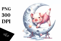 Baby Pig Gymnastics on Moon Watercolor Product Image 1