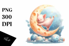 Baby Pig Gymnastics on Moon Watercolor Product Image 1
