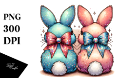 Colorful Vintage 2 Bunnies with Glittery Bow PNG Product Image 1
