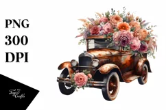 Vintage Rusty Car with Flowers PNG Product Image 1